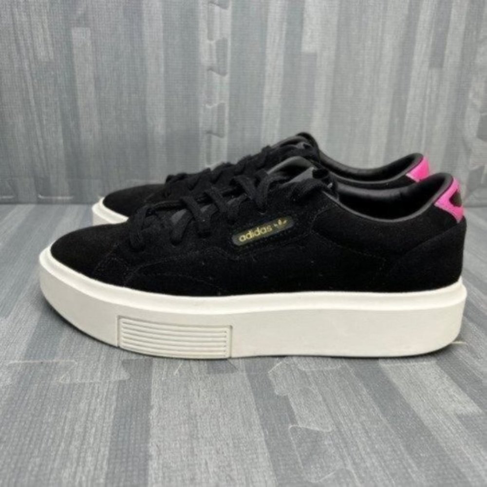 adidas Black Suede Platform Sneakers with Pink Heel Tab